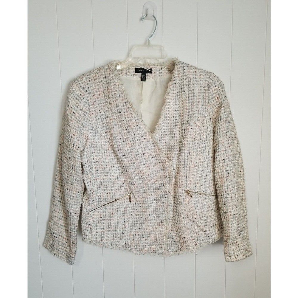 Mango MNG Blazer Jacket Womens Size 12 Tweed Surplice Fringed Office